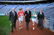 4 February 2008; An Taoiseach Bertie Ahern, TD, accompanied by, from left, Niall O'Gorman, General Manager, Suzuki Ireland, Rena Buckley, Cork, Fiona McHale, Mayo, and Geraldine Giles, President, Cumann Peil Gael na mBan, at the launch of the 2008 Suzuki Ladies' National Football League. Croke Park, Dublin. Picture credit: Brendan Moran / SPORTSFILE  *** Local Caption ***