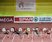 6 March 2015; Ireland's Gerard O'Donnell, second from right, in action during the Men's 60m Hurdles event, where he finished in 6th position with a time of 8.06 seconds. European Indoor Athletics Championships 2015, Day 2, Prague, Czech Republic. Picture credit: Pat Murphy / SPORTSFILE