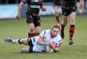 8 March 2015; Ross Adair, Ulster, gets over the line to score a late try. Guinness PRO12, Round 17, Newport Gwent Dragons v Ulster, Rodney Parade, Newport, Wales. Picture credit: Steve Pope / SPORTSFILE