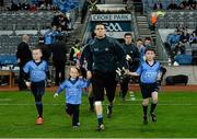 7 March 2015; Dublin mascots, from left, Clyde Ryan, aged 10, from O'Tooles GAA, Niamh Rafferty, aged 5, from St Finians GAA, and Sean Hain, aged 8, from Simonstown, Co Meath, with the Dublin captain Stephen Cluxton before the game. Allianz Football League, Division 1, Round 4, Dublin v Tyrone. Croke Park, Dublin. Picture credit: Piaras Ó Mídheach / SPORTSFILE