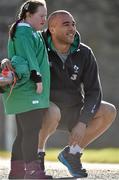 10 March 2015; Ireland rugby supporter Jennifer Malone, from Clane, Co. Kildare, gets a photograph with Ireland's Simon Zebo on his arrival for squad training. Carton House, Maynooth, Co. Kildare. Picture credit: Brendan Moran / SPORTSFILE