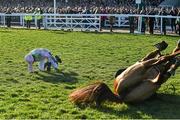 10 March 2015; Jockey Ruby Walsh is dismounted from Annie Power at the final fence in the David Nicholson Mares' Hurdle. Cheltenham Racing Festival 2015, Prestbury Park, Cheltenham, England. Picture credit: Ramsey Cardy / SPORTSFILE
