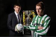 10 March 2015; Former Republic of Ireland International Kevin Kilbane with David Slattery, St Michael’s Tipperary, pictured at the Aviva Stadium today for the launch and draw of the FAI Junior Cup Quarter Finals, in association with Aviva and Umbro. The FAI Junior Cup Final will take place at the Aviva Stadium for the third year on May 17th.  It was also announced that all seven games from the Quarter Finals through to the Final will be covered for TV across Setanta Sports, TG4 and Irish TV. For more information www.aviva.ie/faijuniorcup. FAI Junior Cup Quarter Final Launch and Draw, Aviva Stadium, Lansdowne Road, Dublin. Picture credit: David Maher / SPORTSFILE