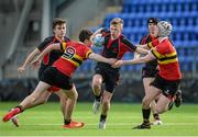 11 March 2015; Gary Hawe, Wesley College, is tackled by Harry Shaw, left, and Mark Nolan, CBC Monkstown. Leinster Schools Fr Godfrey Final, CBC Monkstown v Wesley College, Donnybrook Stadium, Donnybrook, Dublin. Picture credit: Cody Glenn / SPORTSFILE