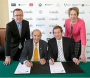 13 March 2015; Pictured from left are, Barry Funston, Chief Executive, Rory Foundation, Colm McLoughlin, Executive Vice-Chairman, Dubai Duty Free, George O'Grady, Chief Executive, European Tour, and Kathryn Thomson, Chief Operating Officer, Tourism NI, during the Irish Open Golf Championship Announcement, where Dubai Duty Free were annouced as the title sponsor for the 2015 Irish Open. Royal County Down Golf Club, Newcastle, Co. Down. Picture credit: John Dickson / SPORTSFILE