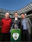 13 March 2015; Dave Lawlor, left, secretary Tolka Rovers, Eoghan Lenihan, UCC, and Brian McCarthy, right, manager St. Mochtas, in attendance at the FAI Umbro Intermediate Cup Semi-Final Draw. Aviva Stadium, Lansdowne Road, Dublin. Photo by Sportsfile