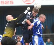 1 March 2008; Peter Thompson, Linfield, in action against Rory Robertson and Michael Collins, Newry City. JJB Sports Irish Cup Quarter-Final, Newry City v Linfield, Showgrounds, Newry, Co. Down. Picture credit: Oliver McVeigh / SPORTSFILE