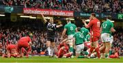 14 March 2015; Referee Wayne Barnes awards a penalty against Ireland in the Wales '22'. RBS Six Nations Rugby Championship, Wales v Ireland, Millennium Stadium, Cardiff, Wales. Picture credit: Brendan Moran / SPORTSFILE
