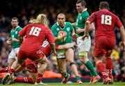 14 March 2015; Simon Zebo, Ireland, is tackled by Dan Biggar, Wales, as he runs into traffic. RBS Six Nations Rugby Championship, Wales v Ireland, Millennium Stadium, Cardiff, Wales. Picture credit: Brendan Moran / SPORTSFILE