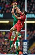 14 March 2015; Iain Henderson, Ireland, contests a restart with Toby Faletau, Wales. RBS Six Nations Rugby Championship, Wales v Ireland, Millennium Stadium, Cardiff, Wales. Picture credit: Brendan Moran / SPORTSFILE