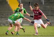 15 March 2015; Roisin Leonard, Galway, shoots to score her side's first goal despite the challenge of Kerry's Aisling Leonard and Caroline Kelly, back. TESCO HomeGrown Ladies National Football League, Division 1, Round 5, Galway v Kerry, Tuam Stadium, Tuam, Co. Galway. Picture credit: Pat Murphy / SPORTSFILE