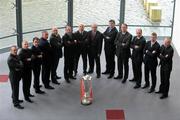 29 February 2008; The eircom league Premier Division managers, from left, Stephen Henderson, Cobh Ramblers, Tony Cousins, Galway United, Pat Fenlon, Bohemians, Pete Mahon, UCD, John McDonald, St. Patrick's Athletic, Eddie Gormley, Padraig Corkery, eircom Head of Sponsorship, Bray Wanderers, Paul Doolin, Drogheda United, Pat Scully, Shamrock Rovers, Alan Matthews, Cork City, Paul Cul Cooke, Sligo Rovers, Stephen Kenny, Derry City, and Paul Hegarty, Finn Harps, with the eircom Premier Division trophy at the launch of the 2008 eircom League of Ireland season. Irish Management Institute, Sandyford, Dublin. Picture credit: Pat Murphy / SPORTSFILE