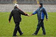 15 March 2015; Monaghan manager Malachy O'Rourke, right, shakes hands with Derry manager Brian McIver after the game. Allianz Football League, Division 1, Round 5, Monaghan v Derry, St Tiernach’s Park, Clones, Co. Monaghan. Picture credit: Ramsey Cardy / SPORTSFILE