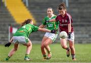 15 March 2015; Roisin Leonard, Galway, shoots to score her side's first goal despite the challenge of Kerry's Aisling Leonard and Caroline Kelly, back. TESCO HomeGrown Ladies National Football League, Division 1, Round 5, Galway v Kerry, Tuam Stadium, Tuam, Co. Galway. Picture credit: Pat Murphy / SPORTSFILE