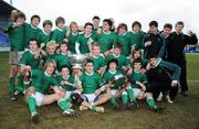 11 March 2008; Gonzaga College squad celebrate with the cup after the match. Vinnie Murray Senior Cup Final, Gonzaga College v CC Roscrea, Donnybrook, Dublin. Picture credit: Caroline Quinn / SPORTSFILE