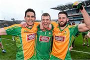 17 March 2015; Corofin's Michael Farragher, left, Tom Healy, centre, and Conor Cunningham celebrate their side's victory. AIB GAA Football All-Ireland Senior Club Championship Final, Corofin, Co. Galway v Slaughtneil, Co. Derry, Croke Park, Dublin. Picture credit: Ramsey Cardy / SPORTSFILE