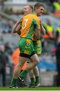 17 March 2015; Kieran Fitzgerald, number 3, Corofin, hugs teammate Michael Comer at the final whistle. AIB GAA Football All-Ireland Senior Club Championship Final, Corofin v Slaughtneil, Croke Park, Dublin. Picture credit: Cody Glenn / SPORTSFILE