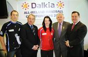 11 March 2008; Eoin Kennedy, left, St. Brigids, Dublin, Nickey Brennan, President of the GAA, Emer Coyle, St. Coman's, Roscommon, Tom Walsh, President of the Irish Handball Council and Padraig Byrne, Dalkia Communications Director, at the announcement of the Irish Handball Council Sponsorships in Croke Park. Envirogreen and Resource are joint sponsors of the Irish Handball Nationals 2008 and Dalkia are sponsoring the 40x20 Championships. Croke Park, Dublin. Picture credit: Caroline Quinn / SPORTSFILE