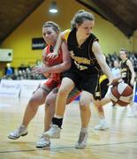 11 March 2008; Karen Ni Mhaonaigh, Colaiste Iosagain, in action against Lorraine Reynolds, Calasanctius. Girls U16 A Final Schools League Final, Colaiste Iosagain, Stillorgan, Dublin v Calasanctius, Oranmore, Co. Galway, National Basketball Arena, Tallaght, Dublin. Picture credit: Brendan Moran / SPORTSFILE