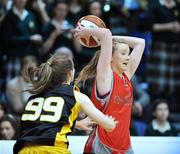 11 March 2008; Caitriona Foley, Calasanctius, in action against Karen Ni Mhaonaigh, Colaiste Iosagain. Girls U16 A Final Schools League Final, Colaiste Iosagain, Stillorgan, Dublin v Calasanctius, Oranmore, Co. Galway, National Basketball Arena, Tallaght, Dublin. Picture credit: Brendan Moran / SPORTSFILE