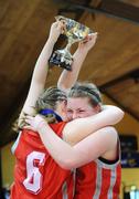 11 March 2008; Calasanctius co-captains Kate Lyons, left, and Lorraine Reynolds celebrate with the cup after the game. Girls U16 A Final Schools League Final, Colaiste Iosagain, Stillorgan, Dublin v Calasanctius, Oranmore, Co. Galway, National Basketball Arena, Tallaght, Dublin. Picture credit: Brendan Moran / SPORTSFILE