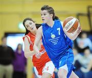 11 March 2008; Claire Rockall, Calasanctius, in action against Cliona Dwyer, Presentation Thurles. Girls U19 A Final Schools League Final, Presentation Thurles, Co. Tipperary v Calasanctius, Oranmore, Co. Galway, National Basketball Arena, Tallaght, Dublin. Picture credit: Brendan Moran / SPORTSFILE