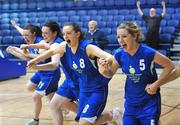 11 March 2008; Calasanctius players, from left, Nicola O'Connell, Christina Brennan, Lisa O'Farrell, and Ailbhe Costello celebrate at the final whistle after victory over Presentation Thurles. Girls U19 A Final Schools League Final, Presentation Thurles, Co. Tipperary v Calasanctius, Oranmore, Co. Galway, National Basketball Arena, Tallaght, Dublin. Picture credit: Brendan Moran / SPORTSFILE  *** Local Caption ***