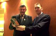 12 June 2000; Antrim goalkeeper Sean McGreevy is presented wtih the EIRCELL All-Star Player of the Month for May, by Sean McCague, GAA President, at the Europa Hotel in Belfast. It was his performance against Down which earned Antrim's first football championship win in 18 years. Photo by Brendan Moran/Sportsfile