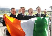 11 March 2008; Irish jockeys, from left, Paul Carberry, Davy Russell and Andrew McNamara with TV personality Hector O hEochagain at a Horse Racing Ireland photocall ahead of the days racing. Cheltenham Racing Festival, Prestbury Park, Cheltenham, England. Picture credit; Stephen McCarthy / SPORTSFILE