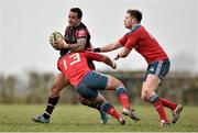 19 March 2015; Mike Stanley, Ulster Ravens, is tackled by Dan Goggin, left, and Ivan Dineen, Munster A. A Interprovincial, Munster A v Ulster Ravens, Nenagh Ormonde RFC, Nenagh, Co. Tipperary. Picture credit: Ramsey Cardy / SPORTSFILE