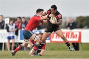 19 March 2015; Mike Stanley, Ulster Ravens, is tackled by Paddy Butler, left, and Shane Buckley, Munster A. A Interprovincial, Munster A v Ulster Ravens, Nenagh Ormonde RFC, Nenagh, Co. Tipperary. Picture credit: Ramsey Cardy / SPORTSFILE