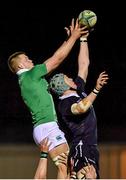 20 March 2015; David O'Connor, Ireland, contests a lineout with Lewis Carmichael, Scotland. U20's Six Nations Rugby Championship, Scotland v Ireland. Netherdale, Galashiels, Scotland. Picture credit: Brendan Moran / SPORTSFILE