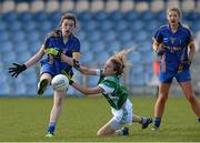 21 March 2015; Ellie O'Toole, Cross and Passion College, in action against Belinda Patterson, Davitt College. TESCO All Ireland PPS Senior C Final, Cross and Passion College, Kilcullen, Kildare v Davitt College, Mayo. Kinnitty, Co. Offaly. Picture credit: Oliver McVeigh / SPORTSFILE