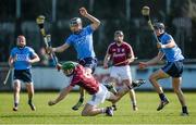 22 March 2015; Greg Lally, Galway, in action against Danny Sutcliffe, left, and Mark Schutte, Dublin. Allianz Hurling League Division 1A, round 5, Dublin v Galway. Parnell Park, Dublin. Picture credit: Piaras Ó Mídheach / SPORTSFILE