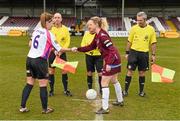 22 March 2015; Team captains Wexford Youths Women's AFC's Kylie Murphy and Galway WFC's Ruth Fahy shake hands ahead of the game. Continental Tyres Women's National League, Galway WFC v Wexford Youths Women's AFC. Eamon Deacy Park, Galway. Picture credit: Ramsey Cardy / SPORTSFILE
