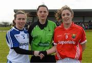 22 February 2015; Team captains Sharon Courtney, left, Monaghan, and Ciara O'Sullivan, Cork, shake hands in the company of referee Maggie Farrelly. TESCO HomeGrown Ladies National Football League, Division 1, Round 3, Monaghan v Cork,  Blackhill Emeralds GAC, Castleblayney, Co. Monaghan. Picture credit: Brendan Moran / SPORTSFILE