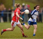 22 February 2015; Valerie Mulcahy, Cork, in action against Sharon Courtney, Monaghan. TESCO HomeGrown Ladies National Football League, Division 1, Round 3, Monaghan v Cork,  Blackhill Emeralds GAC, Castleblayney, Co. Monaghan. Picture credit: Brendan Moran / SPORTSFILE