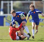 1 April 2008; Canville Canivet, France, is tackled by Rhys Downes, Wales. U18 Six Nations Festival, Wales U18 v France U18, Temple Hill, Cork. Picture credit: Brendan Moran / SPORTSFILE