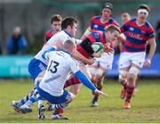28 March 2015; Max McFarland, Clontarf, is tackled by Niall Kennelly and Michael Keys, Cork Constitution. Ulster Bank League, Division 1A, Clontarf v Cork Constitution. Castle Avenue, Clontarf, Co. Dublin. Picture credit: Ray Lohan / SPORTSFILE