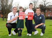 3 April 2008; Bohemians Owen Heary, left, and Shamrock Rovers' Stephen Rice with local school children Ellie and Owen at a show racism the red card initiative. Phibsboro, Dublin. Picture credit: Pat Murphy / SPORTSFILE  *** Local Caption ***