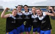 3 April 2008; St. Louis, Monaghan, players, from left, Aoife McAnespie, Grainne McKenna, Ellanna Hackett, Brid McCarron and Natasha Mohan celebrate after the final whistle. Pat the Baker Ladies Football Post Primary Schools semi-finals, St. Louis, Monaghan v St. Leo's College, Carlow, St Peregrines GAA Club, Dublin. Picture credit: Matt Browne / SPORTSFILE