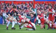 5 April 2008; Peter Buxton, Gloucester, in action against Donncha O'Callaghan and Jerry Flannery, Munster. Heineken Cup Quarter-Final, Gloucester v Munster, Kingsholm, Gloucester, England. Picture credit: Brendan Moran / SPORTSFILE