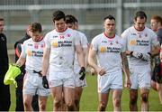 29 March 2015; Disappointed Tyrone players Peter Hughes, Sean Cavanagh, Cathal McCarron and Justin McMahon, after the game. Allianz Football League, Division 1, Round 6, Donegal v Tyrone. MacCumhail Park, Ballybofey, Co. Donegal. Picture credit: Oliver McVeigh / SPORTSFILE