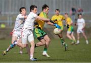 29 March 2015; Karl Lacey, Donegal, in action against Colm Cavanagh and Mattie Donnelly, Tyrone. Allianz Football League, Division 1, Round 6, Donegal v Tyrone. MacCumhail Park, Ballybofey, Co. Donegal. Picture credit: Oliver McVeigh / SPORTSFILE