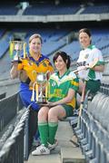 7 April 2008; Eimear Farrell, Roscommon, left, Marion Crean, Offaly, and Lizzie Lynch, right, Meath, during a Camogie National League Division 3 & 4 photocall at Croke Park, Dublin. Picture credit: David Maher / SPORTSFILE