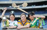 7 April 2008; Lizzie Lynch, left, Meath, Eimear Farrell, Roscommon, and  Marion Crean, right, Offaly, during a Camogie National League Division 3 & 4 photocall at Croke Park, Dublin. Picture credit: David Maher / SPORTSFILE