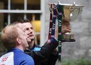 8 April 2008; Des Dillon, captain, Blackrock College, David Quinlan, captain, Shannon and Maurice Crowley, general manager, AIB, at a photocall in advance of AIB Cup and AIB Junior Cup finals. WHPR office, Ely Place, Dublin. Picture credit: Ray McManus / SPORTSFILE