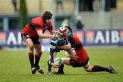 12 April 2008; Ryan Roberts, Navan, in action against Rob Connor, left, and Dave Hanlon, Tullamore. AIB All-Ireland Junior Cup Final, Tullamore v Navan RFC, Dubarry Park, Athlone, Co. Westmeath. Picture credit: Stephen McCarthy / SPORTSFILE