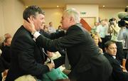12 April 2008; Christy Cooney, right, who was elected GAA President Elect is congratulated by one of the defeated candidates Sean Fogarty at the 2008 GAA Annual Congress. Radisson Hotel, Sligo. Picture credit: Ray McManus / SPORTSFILE