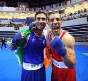 11 April 2008; Ireland’s Kenneth Egan, left, Light Heavy 81kg, celebrates with Darren Sutherland, Middle Weight, 75kg, after winning their semi-finals at the final Olympic Qualifying tournament in Athens, Greece. Olympic Centre, Nikaia, Athens, Greece. Kenneth Egan and Darren Sutherland win's saw them and John Joe Joyce qualify for the Olympic Games. Picture credit: David Maher / SPORTSFILE